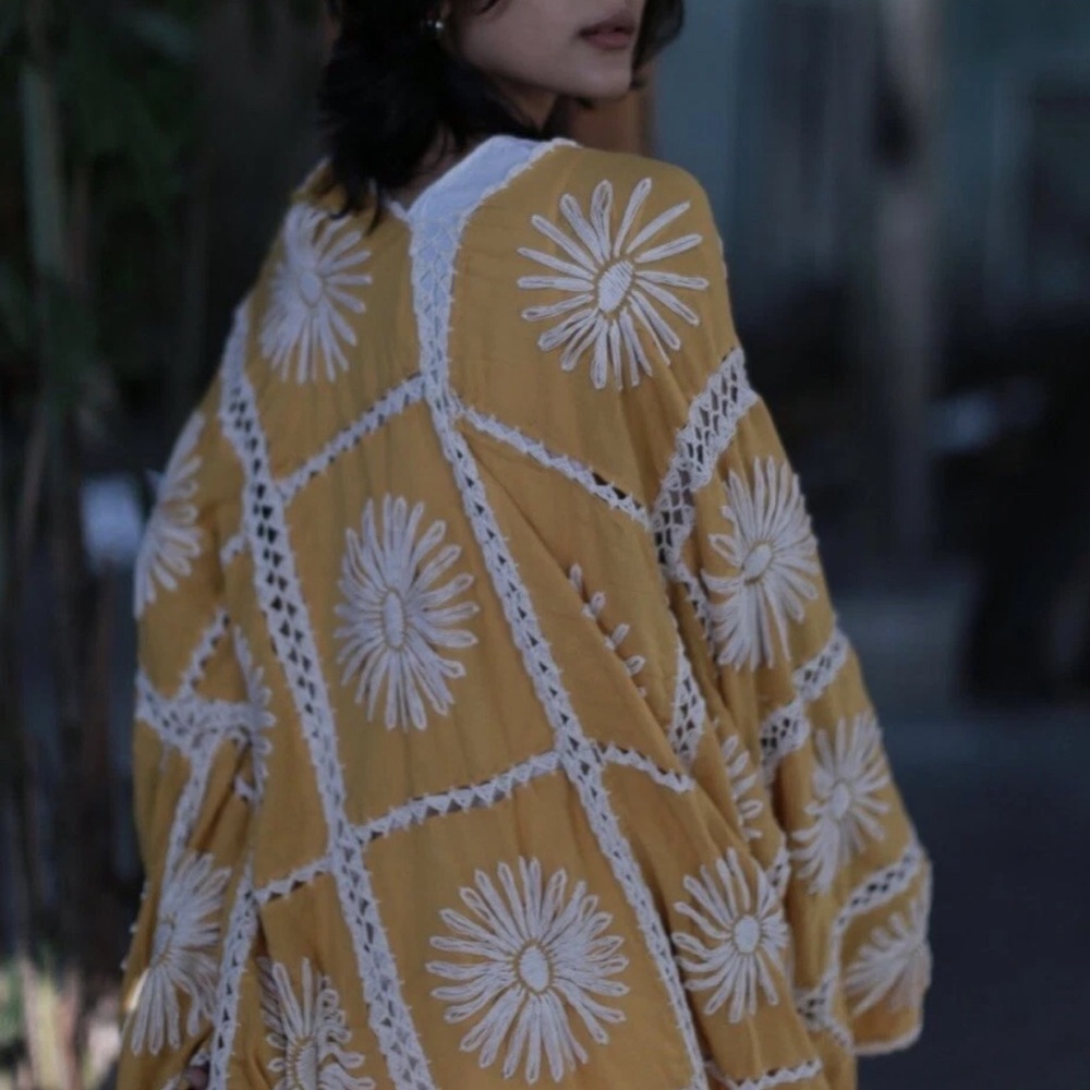 Boho Daisy Crochet-Trim Sweater - Mustard Yellow